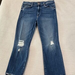 MOTHER Blue Straight Leg Jeans with Distressed Details